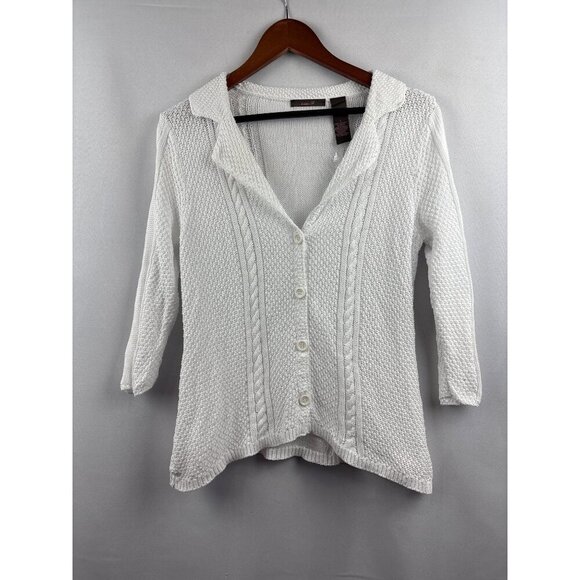 Heather B. Womens White Textured Knit Cardigan Sweater Size S 100% Cotton Button - Picture 2 of 5